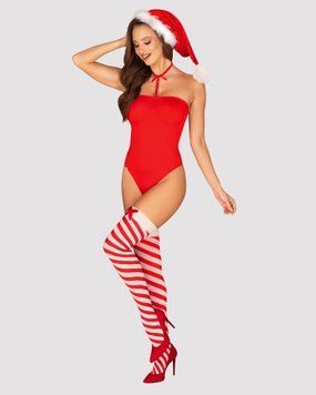 Тедді Obsessive Kissmas teddy, S/M, червоне, без бретелей, чокер, панчохи та шапка з помпоном у наборі SX1152 фото