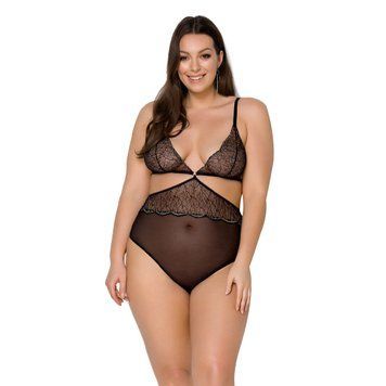 Боді Passion AMBERLY BODY 6XL/7XL black, асиметричний крій, мереживний ліф, золота нитка SO7050 фото