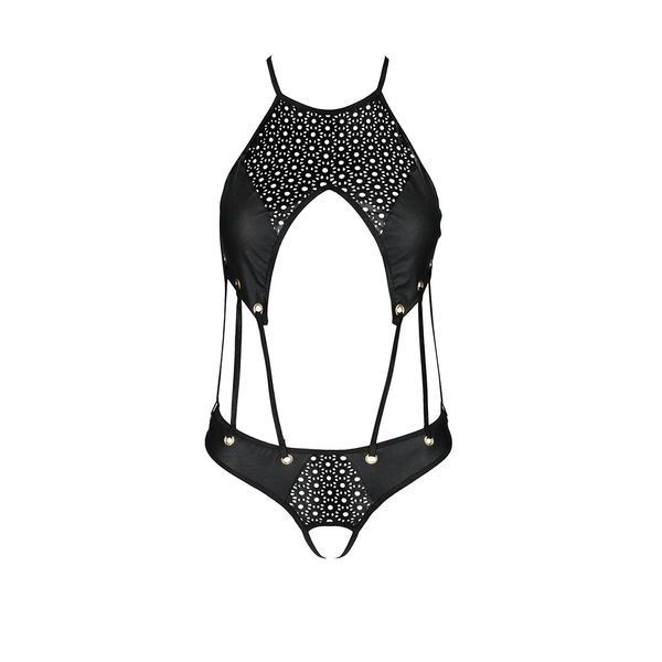 Боді з відкритим доступом Passion TASMINA BODY L/XL black, екошкіра, шнурівки, ажурні мережива SO8488 фото